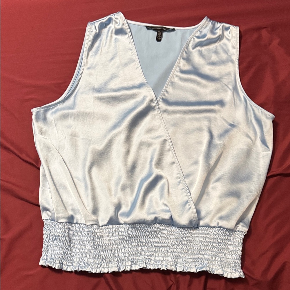 White House Black Market Pale Blue Satin Surplice Cami with Smocked Hem